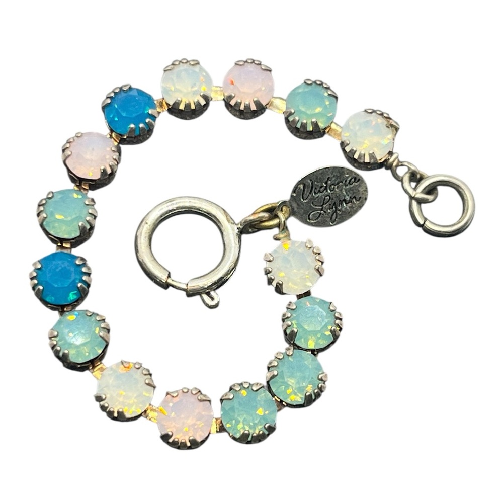 Victoria Lynn blue green rhinestone silver tone artisan bracelet  SMALL